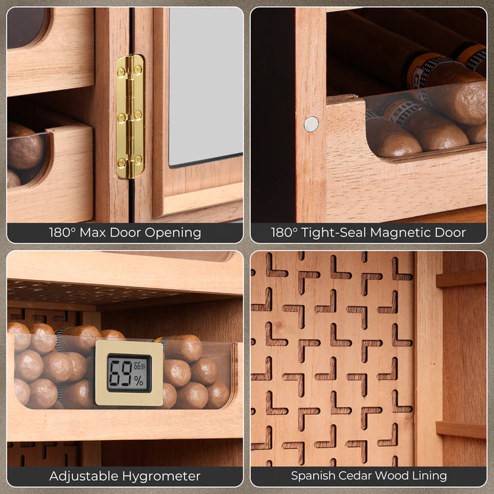 Collage of a wooden humidor with features like adjustable hygrometer, tight-seal magnetic door, and Spanish cedar wood lining.