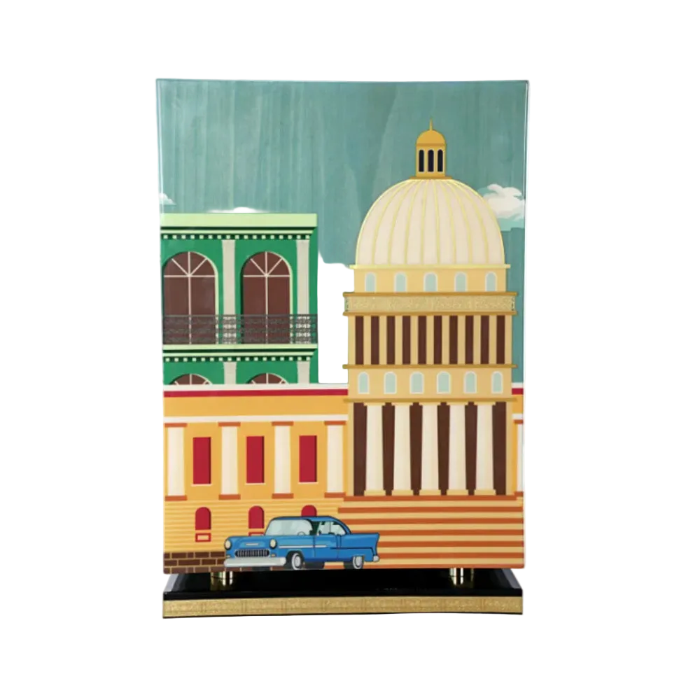 Decorative panel with a colorful architectural design featuring a dome and a blue car.