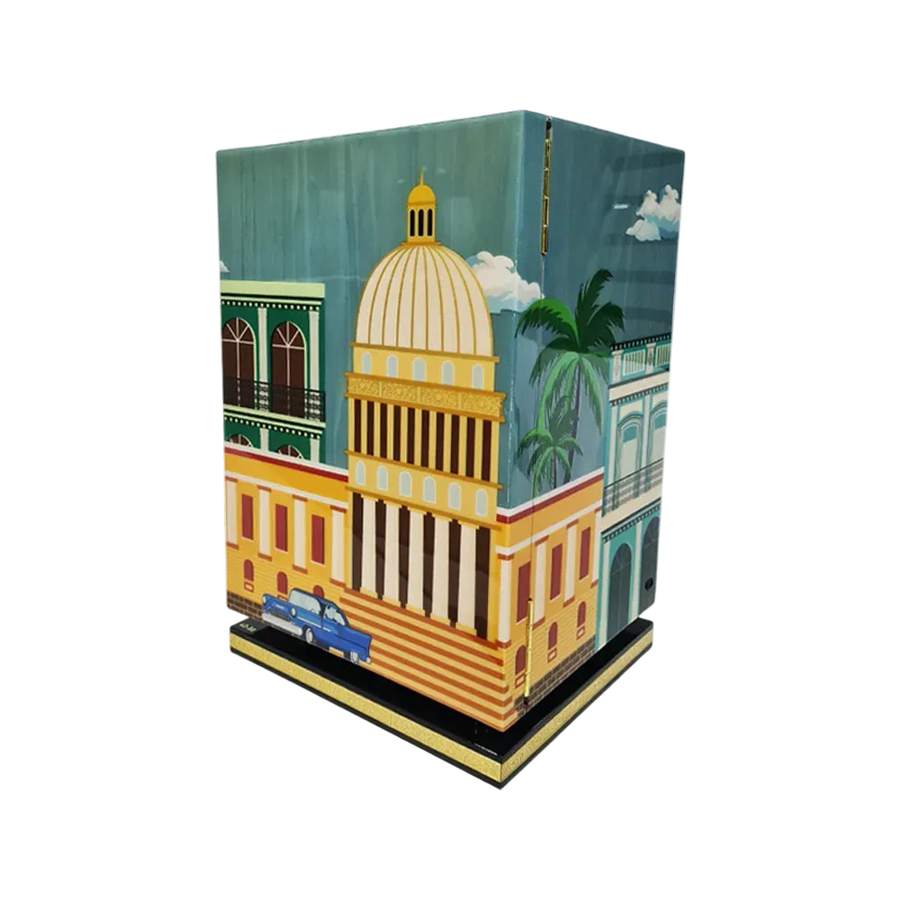 Umbrella stand with a colorful design of a building and palm tree on a white background