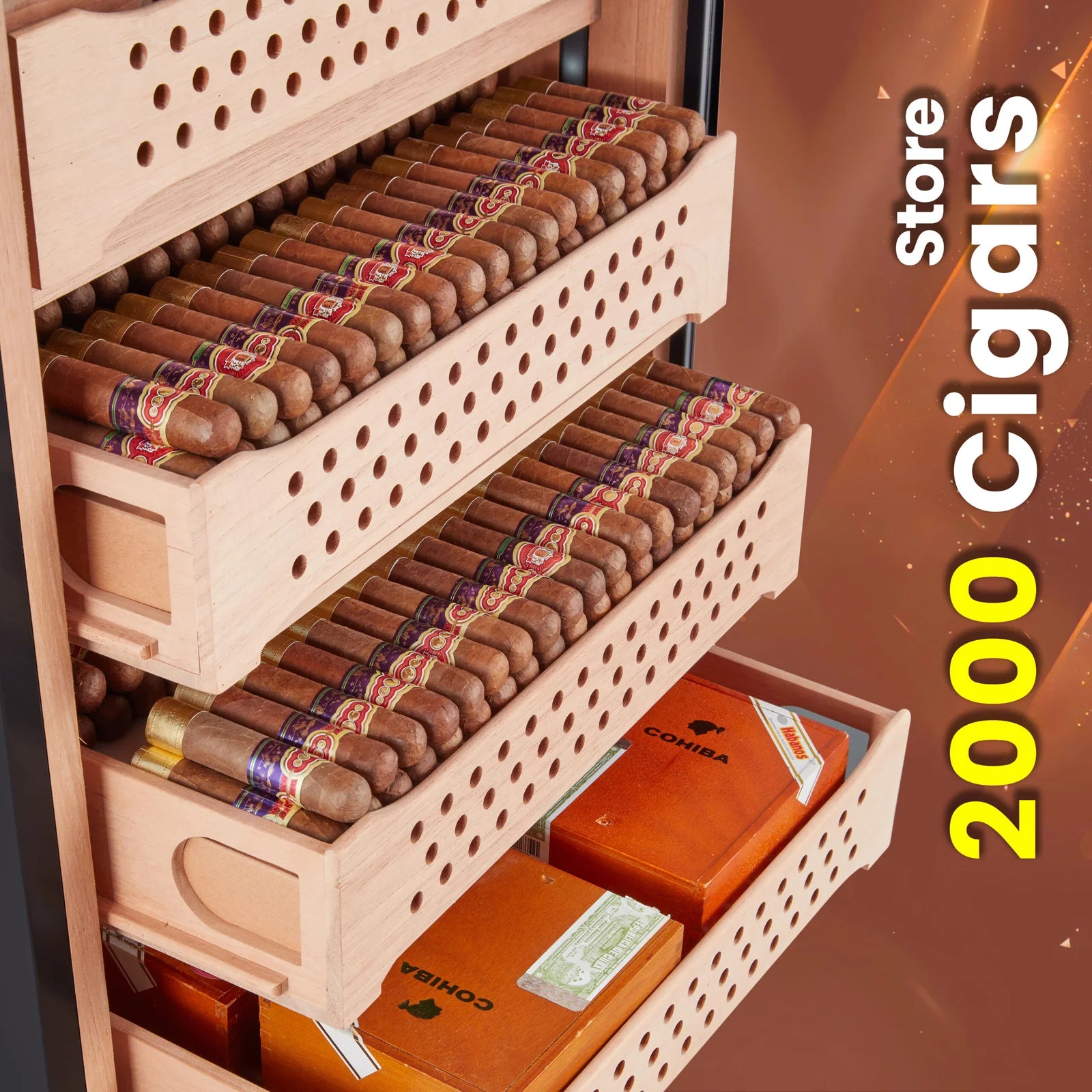 Cigar humidor with multiple levels of cigars and boxes, labeled '2000 Cigars'.