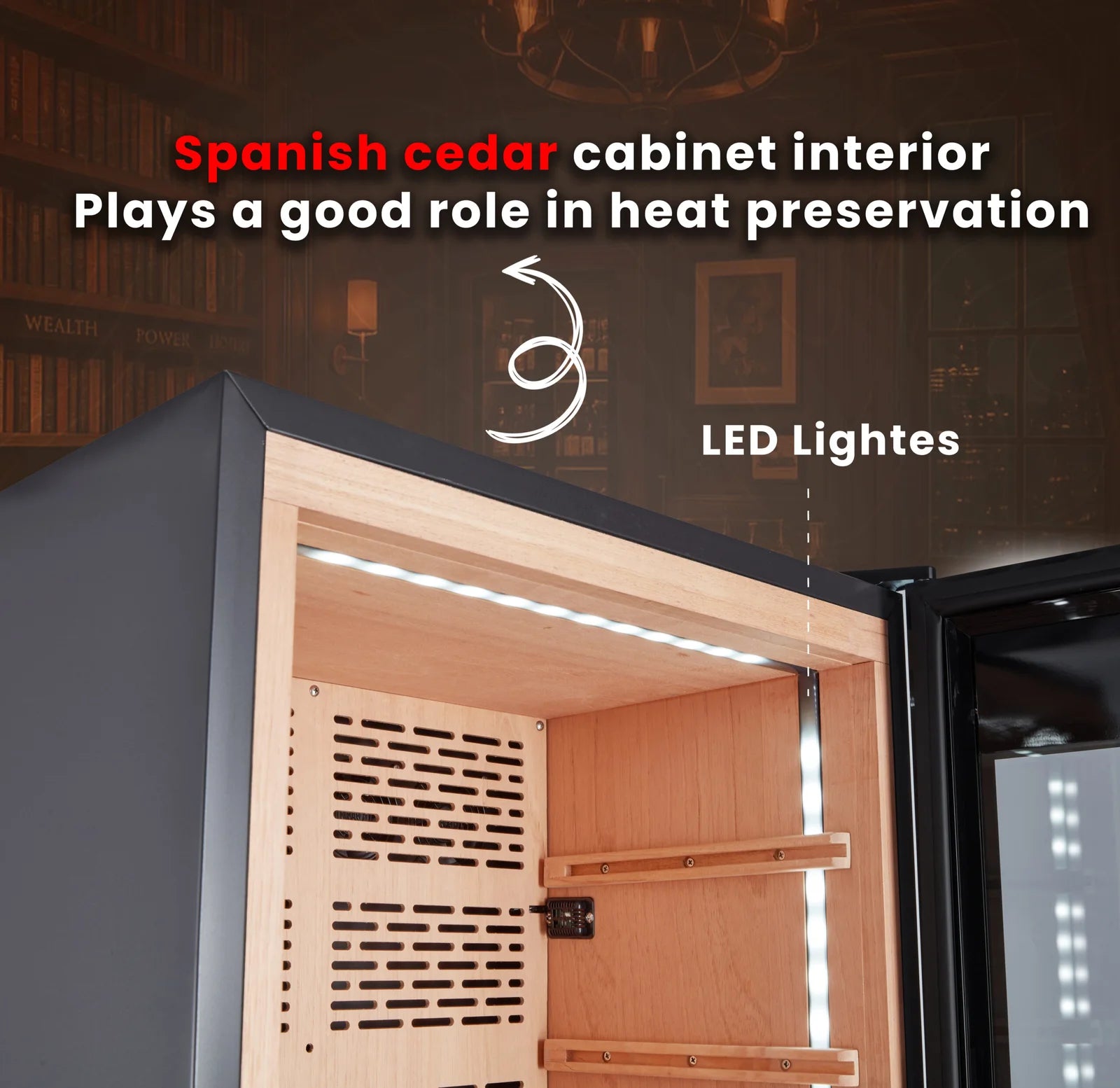 Wooden cabinet interior with LED lights, featuring Spanish cedar material.