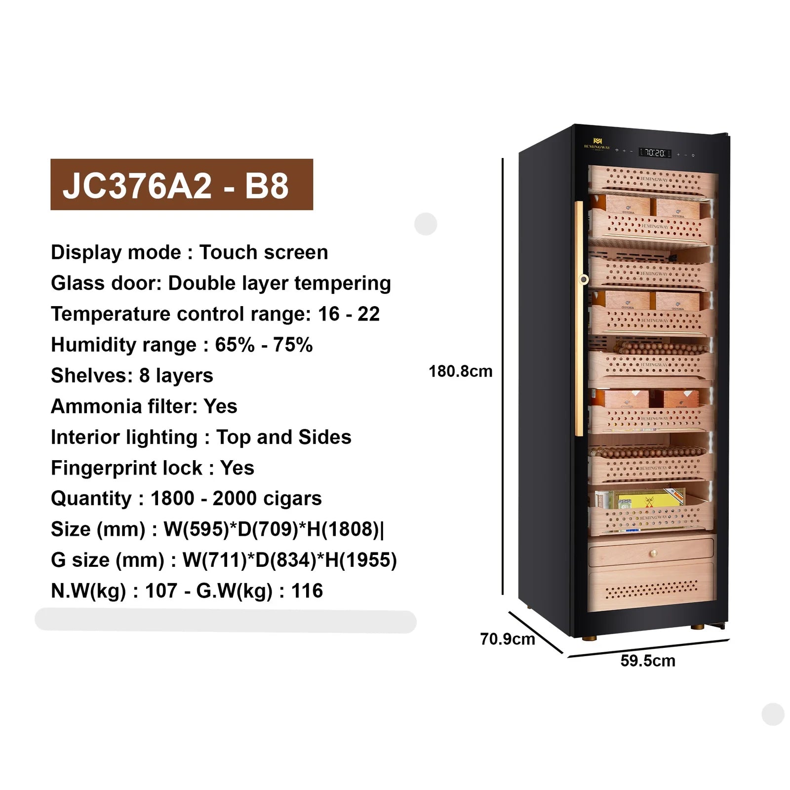 Cigar humidor with specifications on a white background