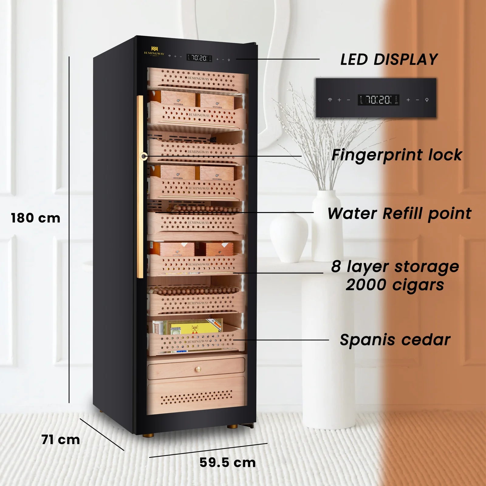 Cigar humidor with features labeled and dimensions displayed