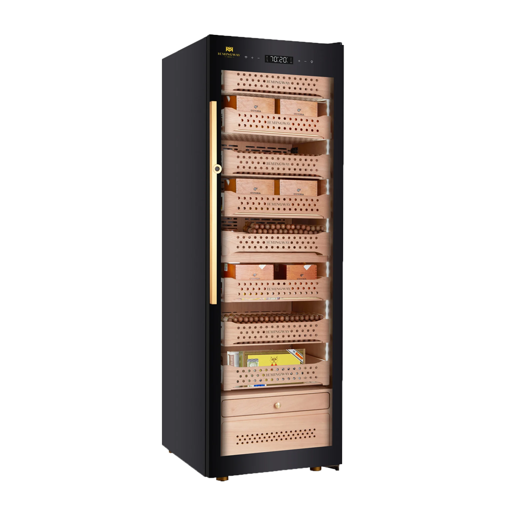 Cigar humidor with wooden shelves on a white background