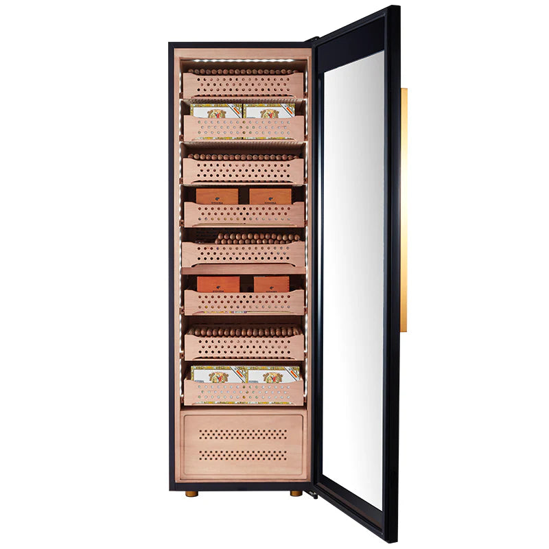 Cigar humidor with open door on a white background