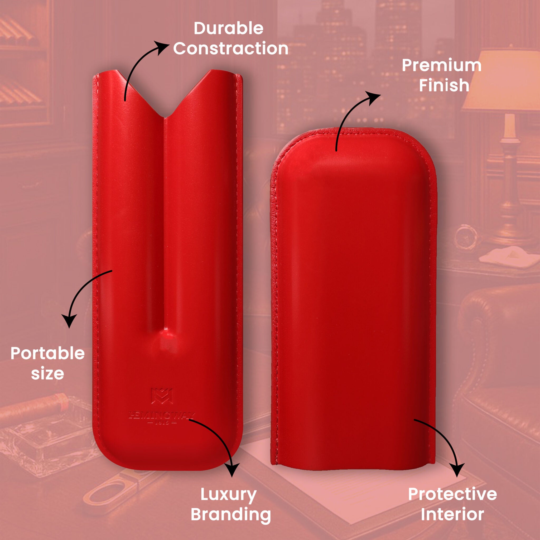 Two red phone cases with text highlighting features on a blurred background