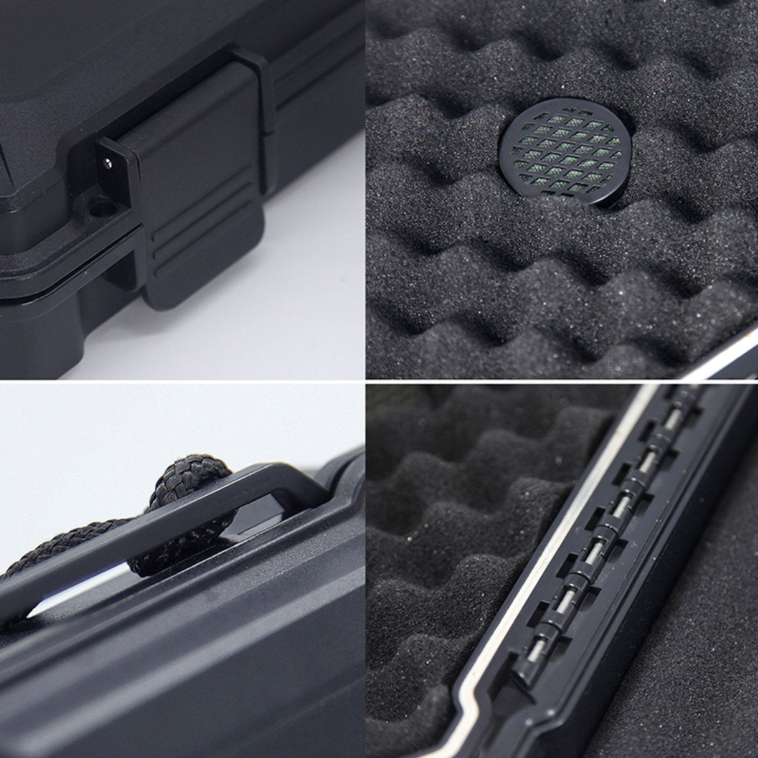 Collage of a black hard-shell case with foam interior, handle, and lock mechanism.