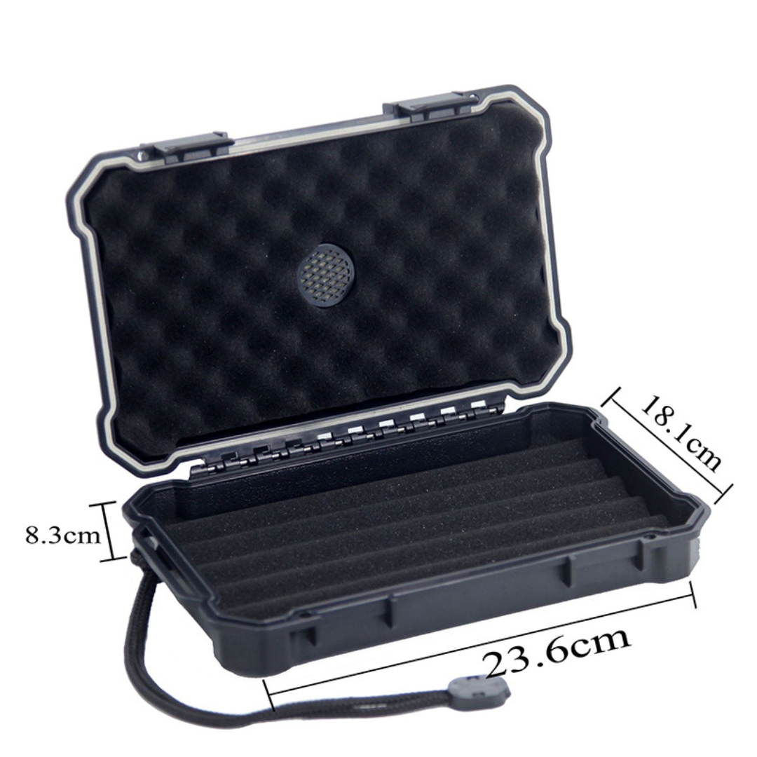 Black hard-shell protective case with foam interior, measurements indicated