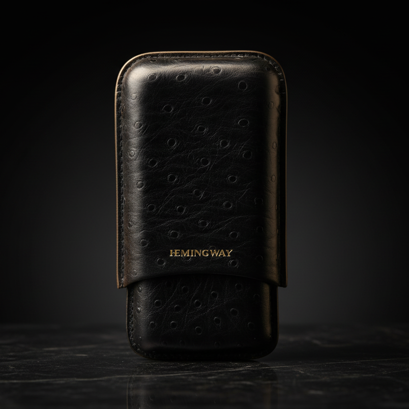 Black leather case with 'Hemingway' branding on a dark background