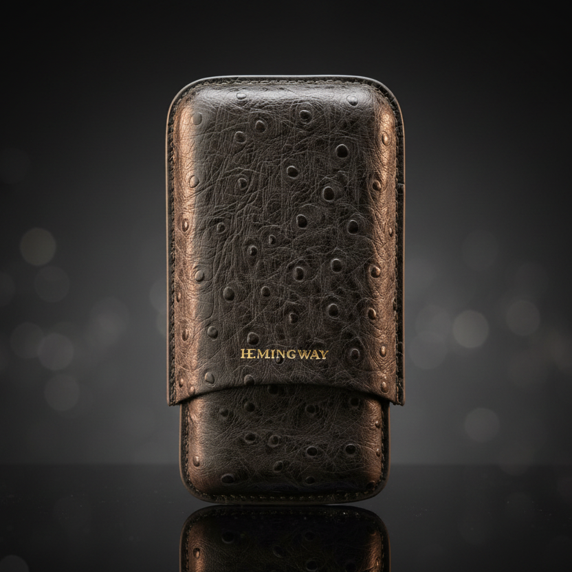 Brown leather cigar case with 'JEMINGWAY' branding on a dark background