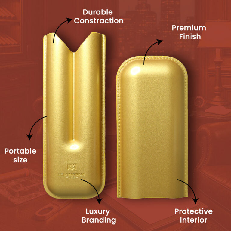 Gold phone case with features highlighted on a red background