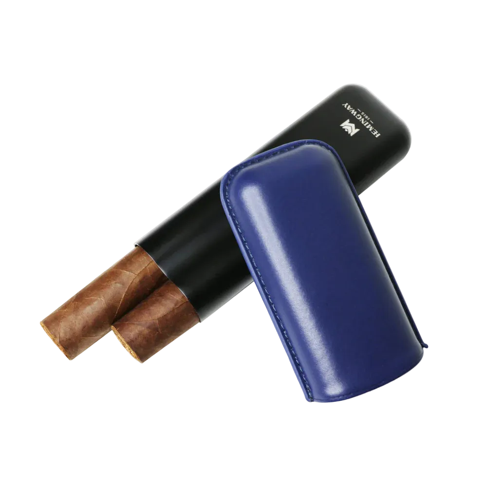 Blue leather cigar case with two cigars on a white background