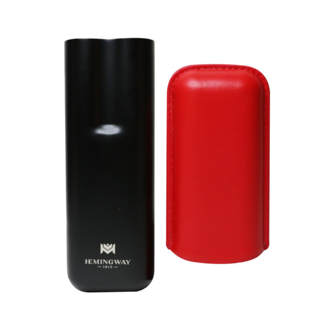 Black and red cylindrical products with Hemingway logo on a white background