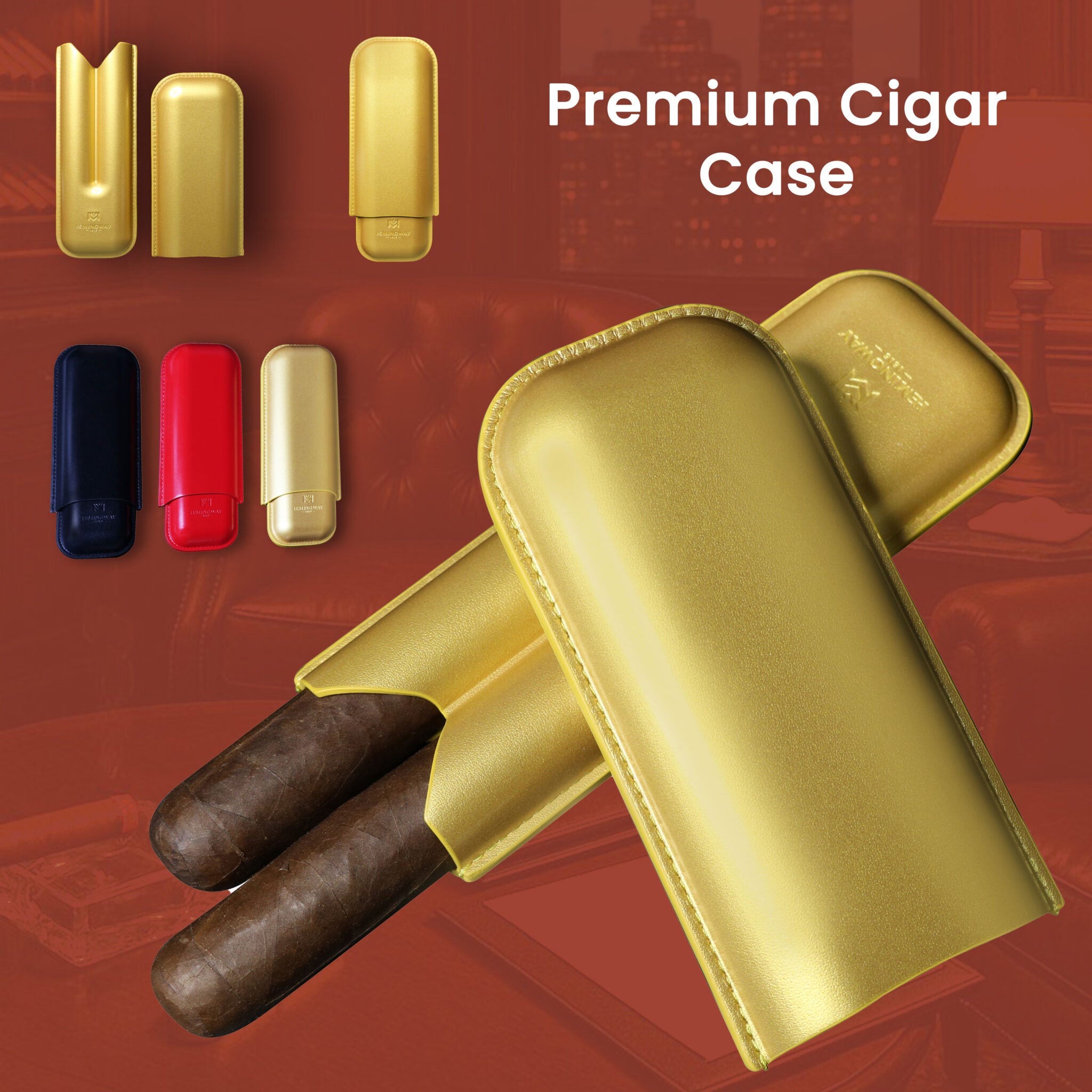 Gold premium cigar case with cigars on a red background
