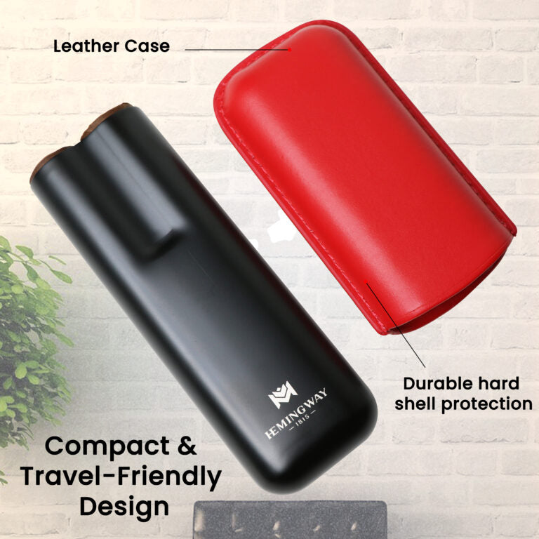 Black and red leather cases with 'Femingway' branding on a light background