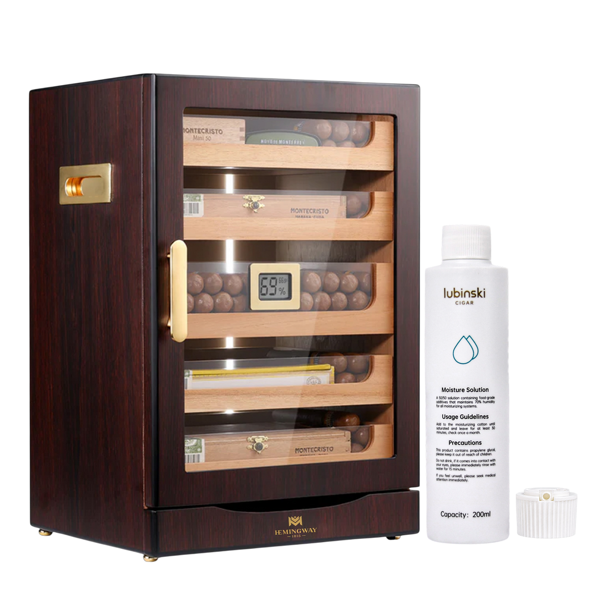 Hemingway dark wood humidor cabinet with glass door, five wooden trays and digital hygrometer beside a Lubinski moisture solution bottle.