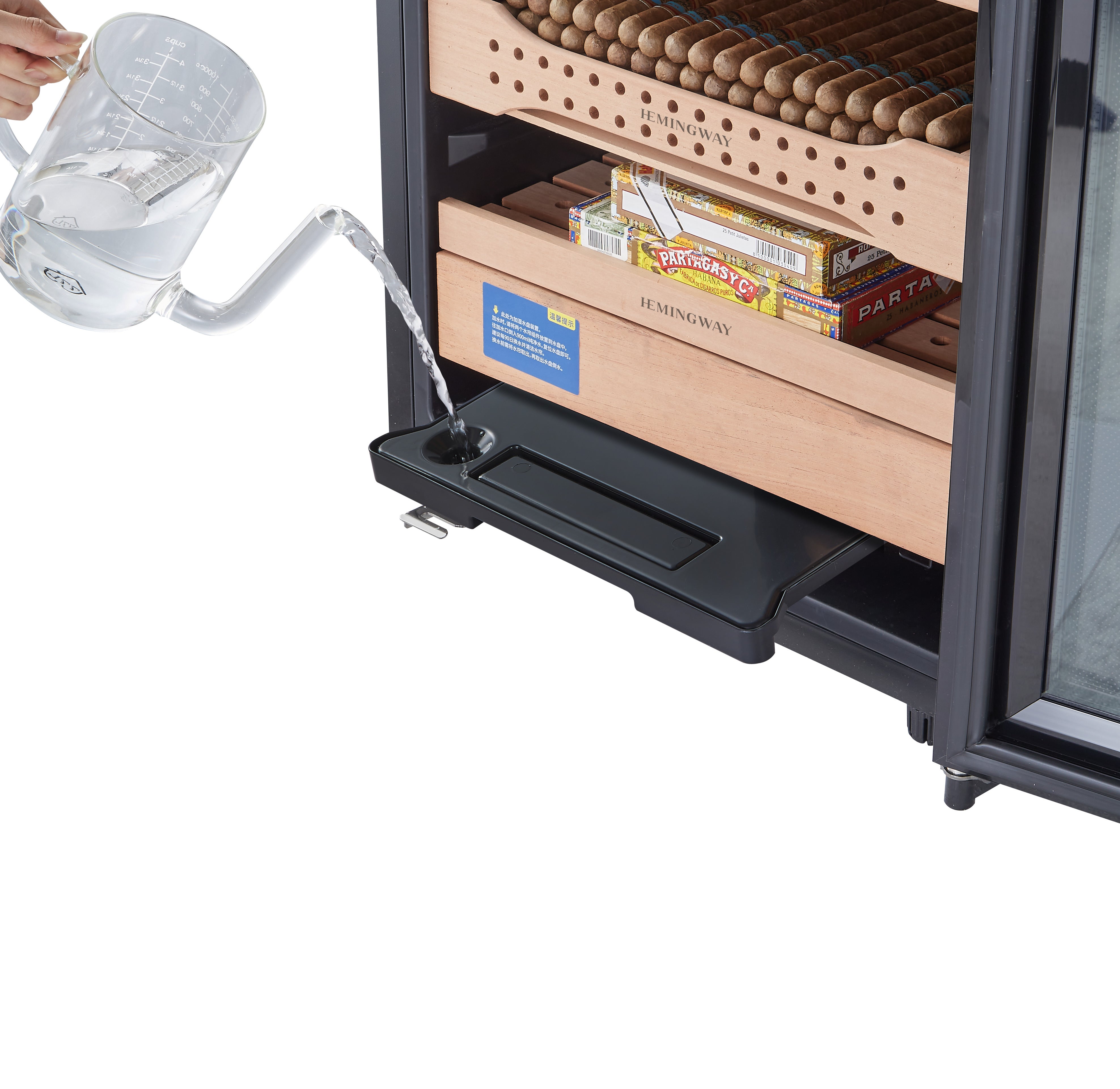 Electric cigar humidor water refill tray system for stable humidity control