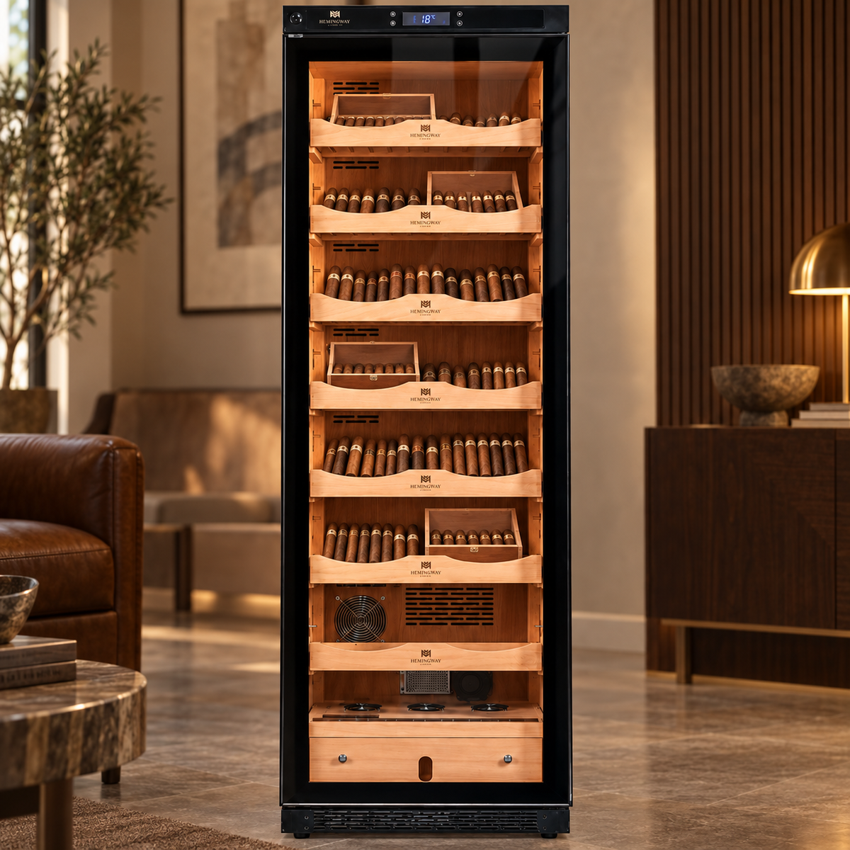Hemingway 380A Limited Edition electric humidor styled with cigars and wooden cigar boxes in a lounge